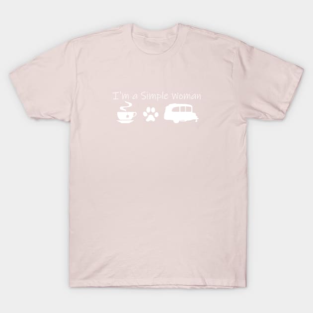 Airstream Basecamp "I'm a Simple Woman" - Tea, Cats & Basecamp T-Shirt (White Imprint) T-Shirt T-Shirt by dinarippercreations